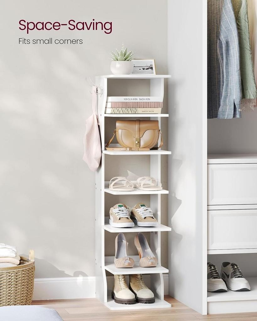 Shoe Rack, Shoe Organizer, Narrow Shoe Rack with Hooks, Slim Wooden Shoe Rack, Solid and Durable, Space Saving