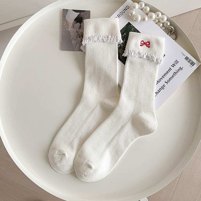 Simple All-Match Girly Cotton Socks Lace Bow Sweet Sock Casual Breathable Sweat-Wicking Mid-Tube Socks Accessories Gifts
