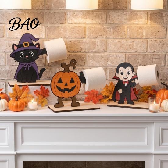 Spooky Bathroom Tissue Storage 2Pcs Halloween Paper Towel Holder, Cartoon Animal Tabletop Roll Dispenser, Wooden Stable Wood Support Stand for Kitchen