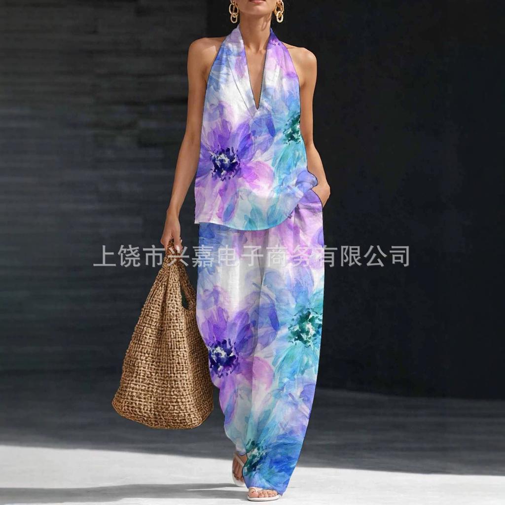 Bohemian print top, wide-leg pants, two-piece set, one casual vacation set.