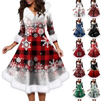 Женское модное повседневное платье с v-образным вырезом и рождественским принтом для вечеринки с длинными рукавами