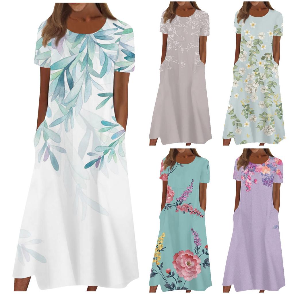 Women's Summer Casual Fashion Floral Print Short Sleeve Round Neck Pocket Dress