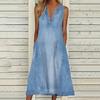 Джинсовое платье без рукавов с V-образным вырезом, термоусадочные карманы, женское платье миди с большим подолом, уличная одежда