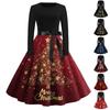 Women's Fashion Vintage Long Sleeve Round Neck Christmas Printed Party Gown Dress
