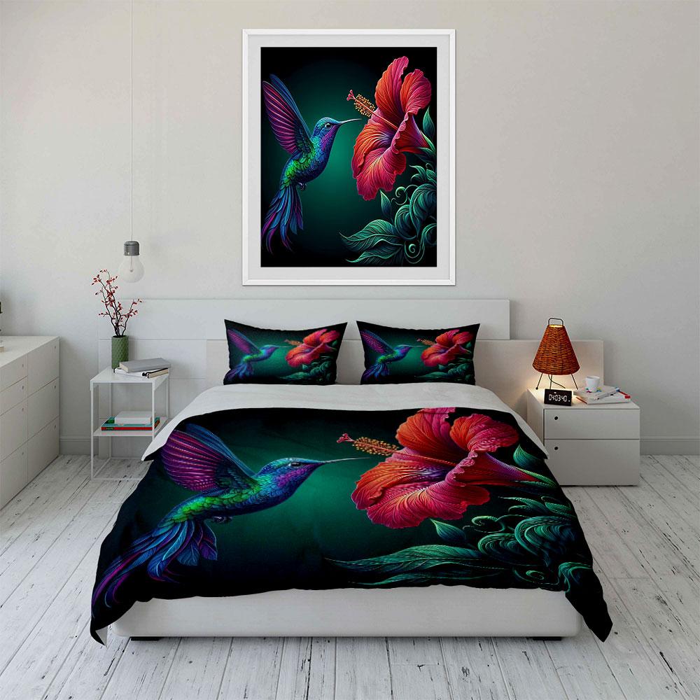 Colorful Hummingbird Flower Set Decor Bedding Set with 1 Duvet Cover 2 Pillowcases Single Double King Queen, Gift