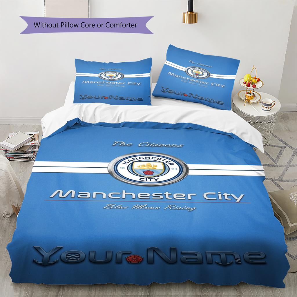 Name Custom Manchester City FC Logo Pattern Bedding Set Quilt Cover Pillowcase Home Decor Gift (1 * duvet cover + 2 * pillowcase, without core)