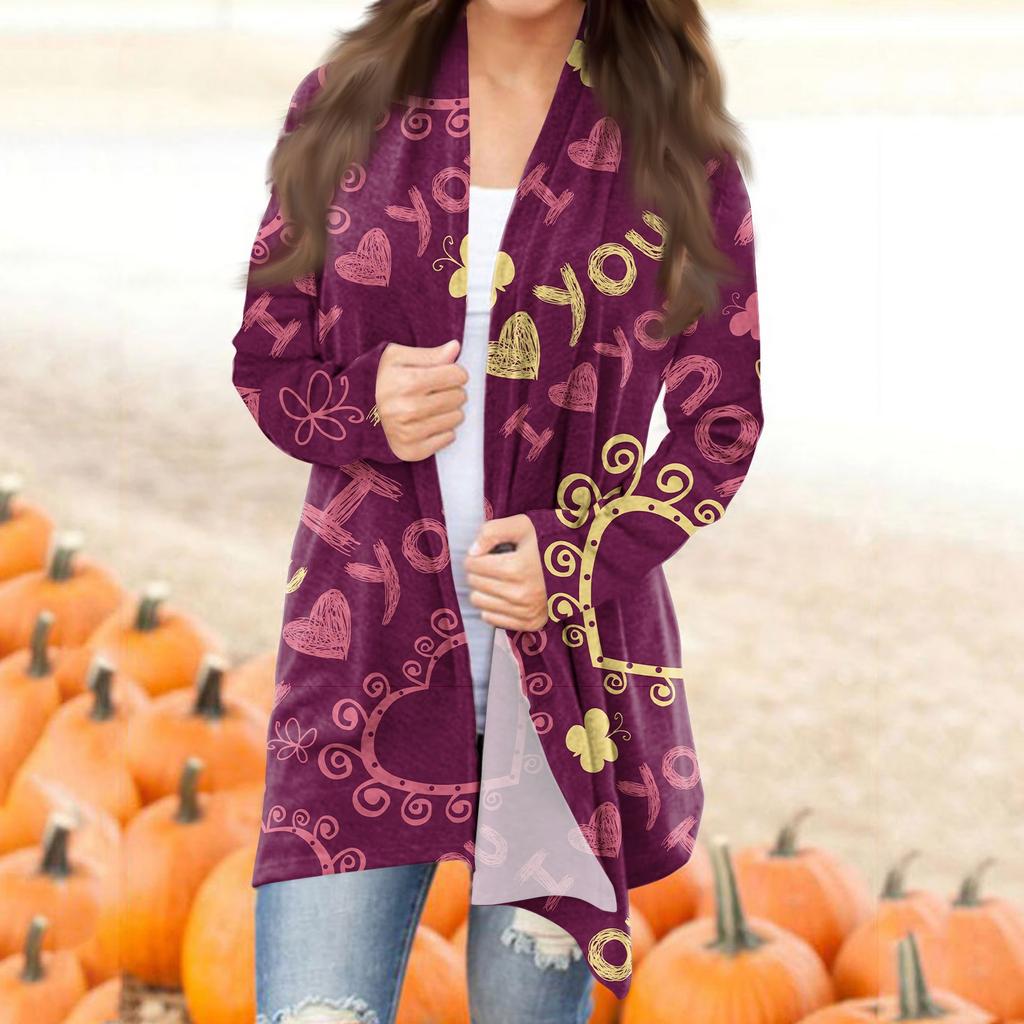 Женский повседневный кардиган с длинными рукавами и принтом ко Дню святого Валентина без карманов, верхнее пальто