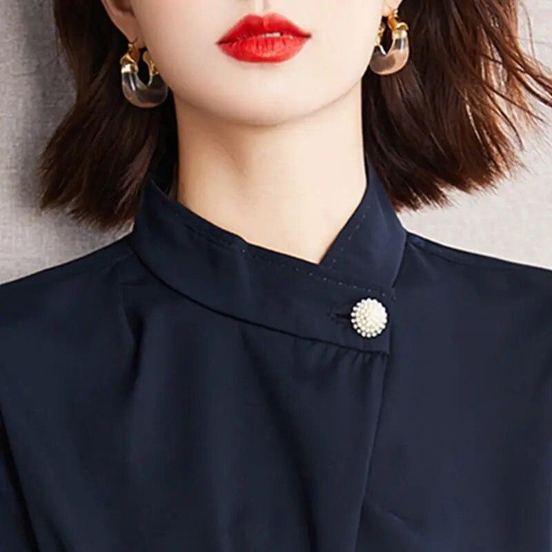 Весенне-осенняя элегантная модная шифоновая рубашка с воротником-стойкой, женская повседневная блузка с рукавом 3/4, женский однотонный пуловер, топ