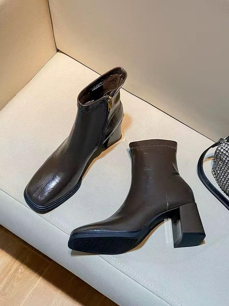 Внешняя торговля французский квадратный носок толстый каблук короткие ботинки 2024 новые ретро мода тонкие ботинки короткие маленькие одинарные ботинки