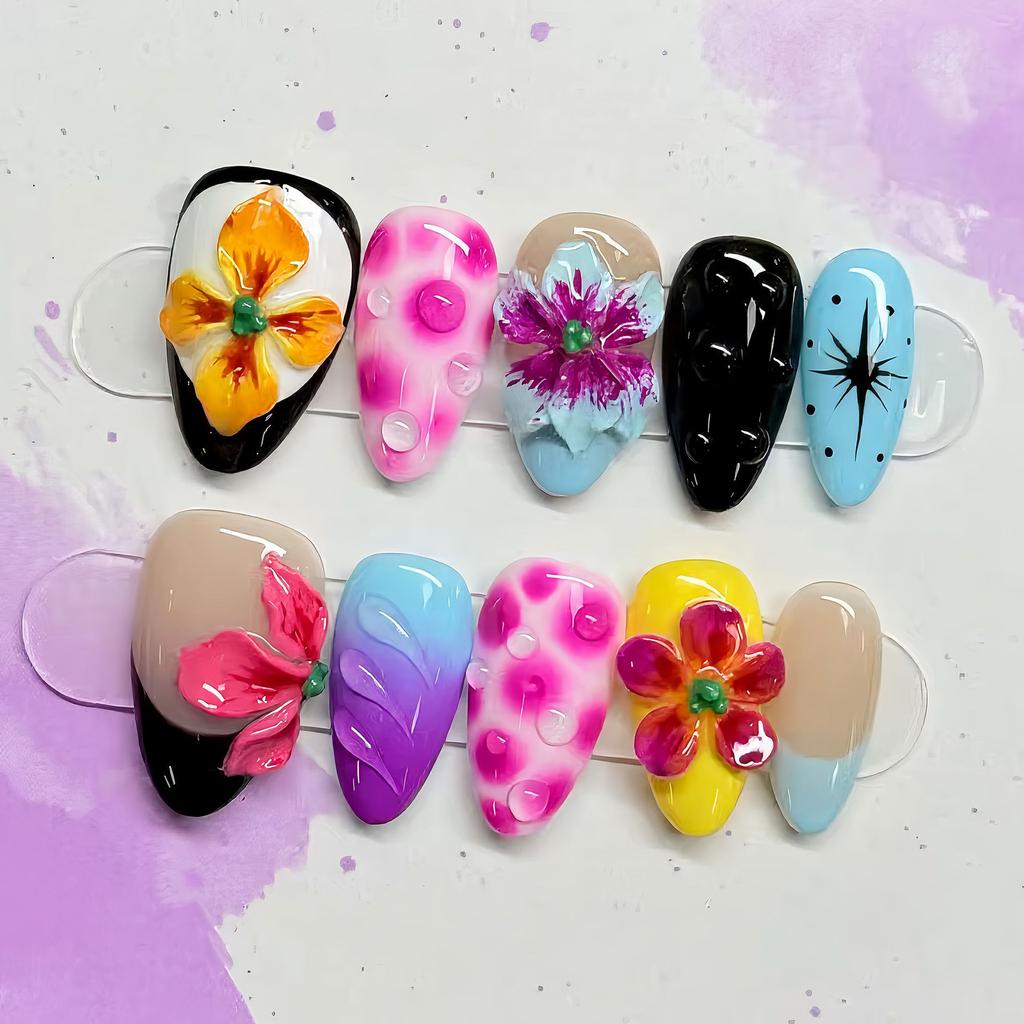 24PCS White Lace French False Nails Simple Black Polka Dots Almond 3D Pink Sweet Flowers Gold Designs Press on Nails Full Cover