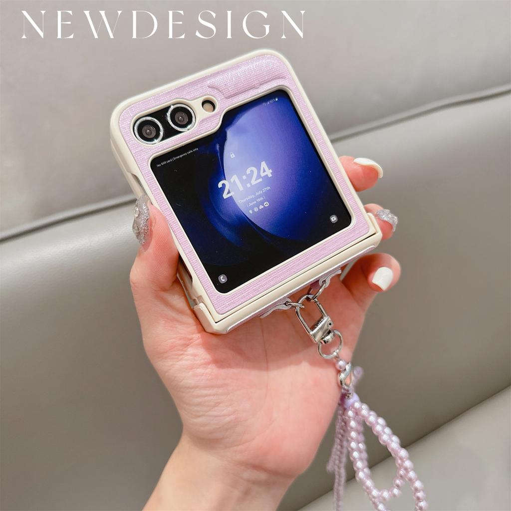 For Samsung Galaxy Z Flip7 FE 5G/Z Flip6 5G Case Hinge Protection Leather+PC Phone Cover with Bow Beaded Strap