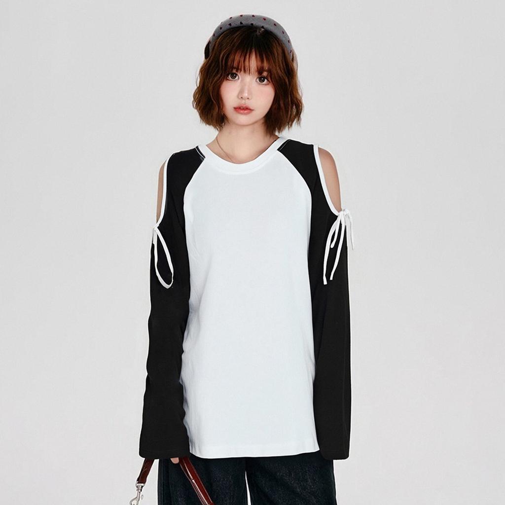 Design sense contrasting color splicing off shoulder top for women's spring loose bow lazy style T-shirt