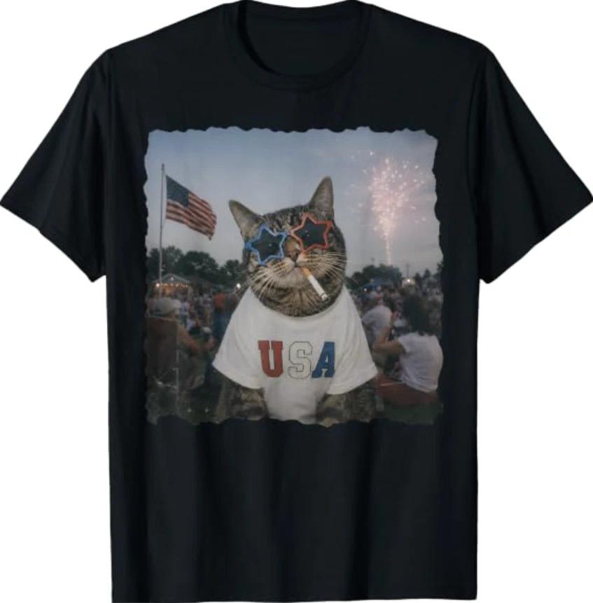 Patriotic Cat Smoking Sunglasses Meme Funny 4th of July T-Shirt