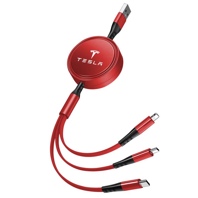 TKVLN1 100W USB To Type-C Micro Lightning 3-in-1 Car Fast Charger Cable For Tesla Model 3 Model S Model X Model Y Cybertruck Roadster