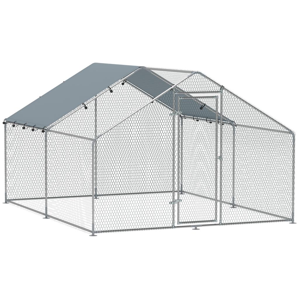 10.2m² Chicken Run for 10-15 Chickens with Waterproof Roof, Steel and Fabric, 3x3.4x1.9 m, Silver
