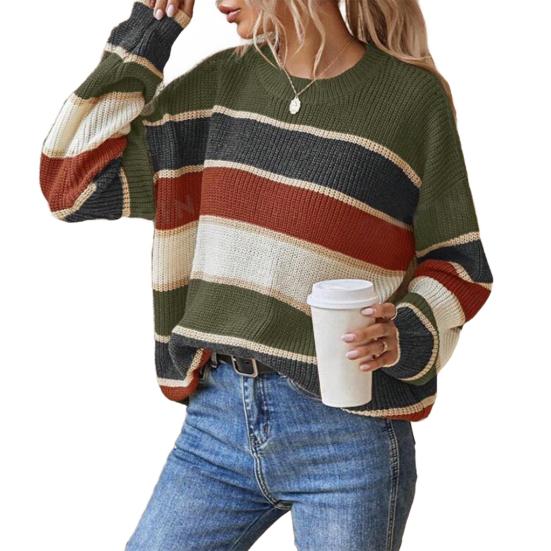 Women Sweater Round Neck Long Sleeve Knitted Tops Striped Print Loose Fit