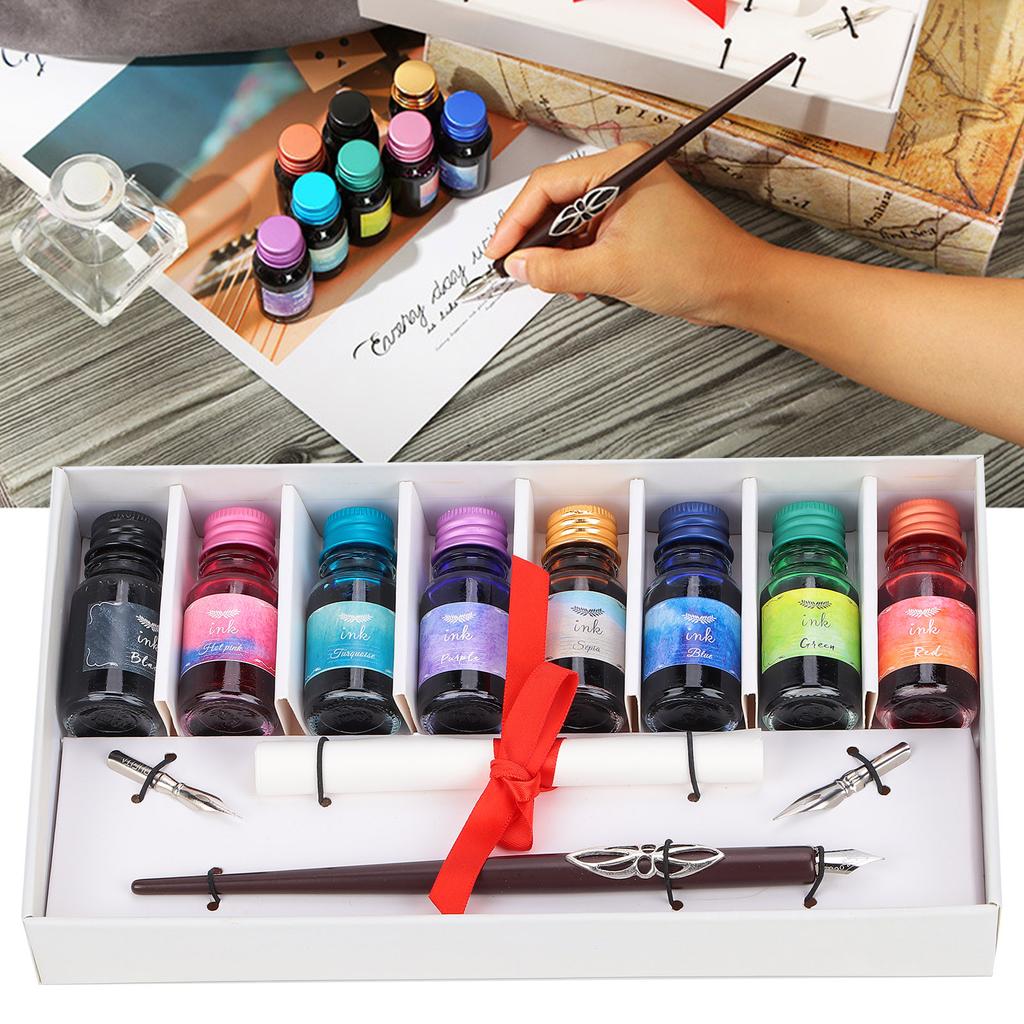 Dip Pen 8-Color Ink Wooden Pole Calligraphy Fountain Pen Gift Box Set with Replaceable Nib