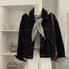 Autumn Winter Polo-neck Vintage Casual Fashion Shawl Denim Coat Women Striped Patchwork Jacket Cardigan Top