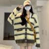 Нежный полосатый свитер с v-образным вырезом, женский кардиган, весна 2023, повседневный мягкий клейкий осенне-зимний вязаный свободный кардиган, свитер