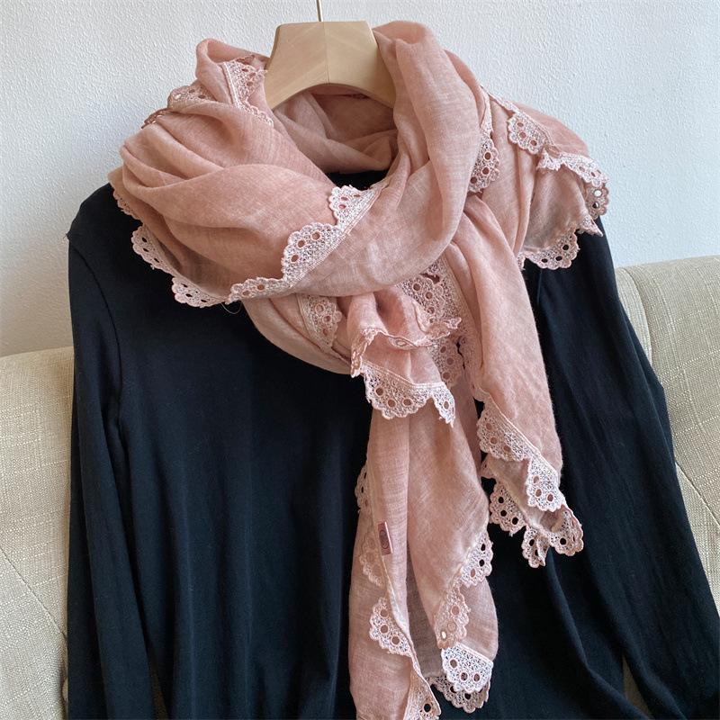 Early Autumn Fresh and Elegant Crochet Lace Cotton and Linen Thin Scarf Women's Fashion Outer Shawl Spring and Summer Decorative Long Silk Scarf