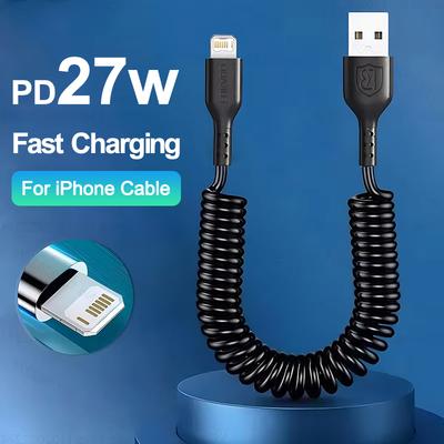 27 Вт USB-кабель для передачи данных с пружинным разъемом, пружинный телескопический кабель для быстрой зарядки, USB-кабели для iPhone 14, 13, 12, 11 Pro Max, автомобильное зарядное устройство, аксессуары
