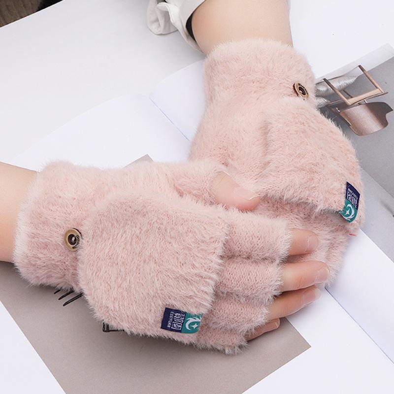 Plush Gloves Winter Warmth Student Fingerless Flip Gloves Outdoor Gloves Thickened Cold-proof
