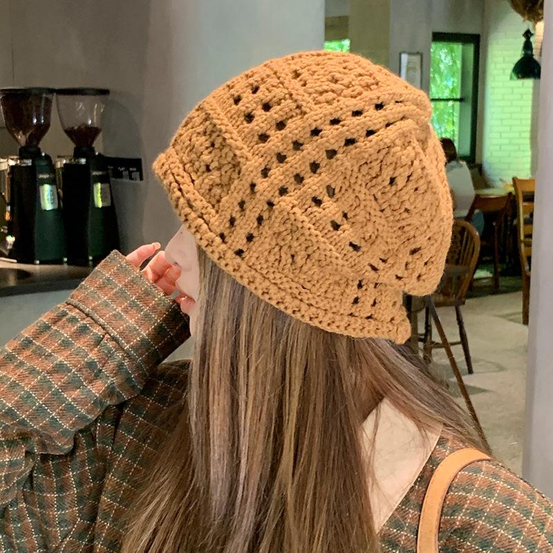 ins knitted hollow stack hat women's autumn and winter new versatile sweet cold hat elegant temperament bag head hat