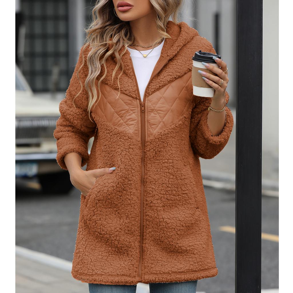 Женская свободная куртка с капюшоном из толстого плюша на молнии в стиле пэчворк на осень и зиму