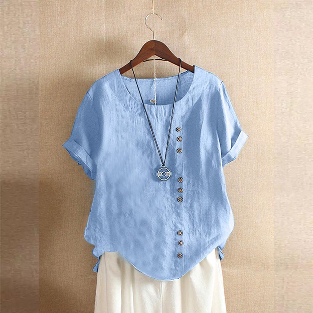 Women's Fashion Casual Temperament Round Neck Vintage Cotton And Hemp Solid Button Short Sleeve T-Shirt Top