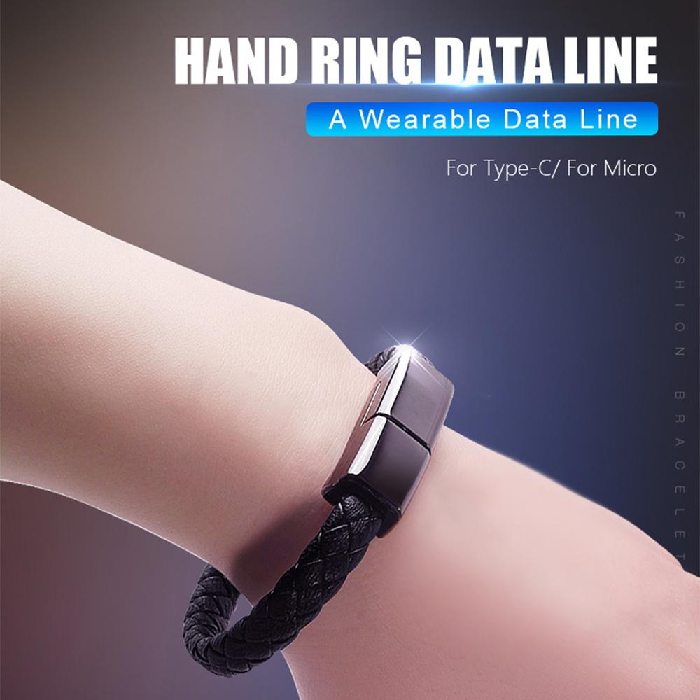EONLINE 3A 3D Portable Leather PD Mini Micro USB Bracelet Super Fast Charger Data Charging Cable Sync for Android Type-C Phone