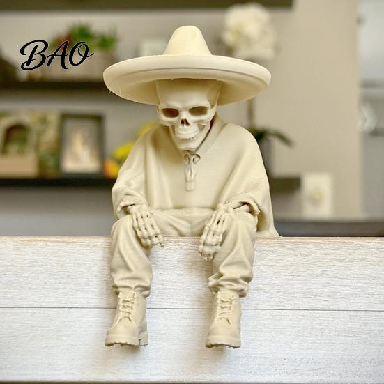 Spooky Aesthetic Office Ornaments 3D Printed Sitting Skeleton Shelf Sitter Figurine, Gothic Hat Desktop Unique Room Accessories Ornament, Trendy Home