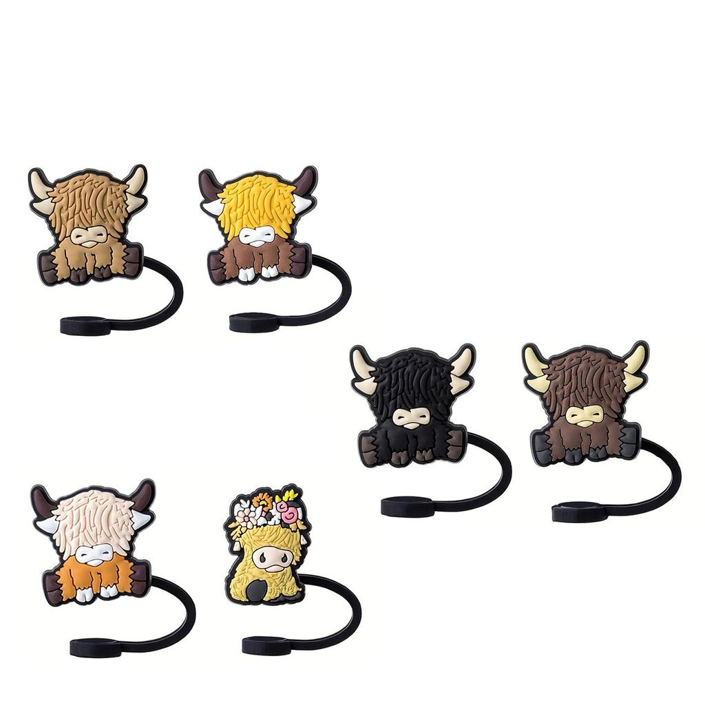 Набор из 6 уникальных мультяшных пробок для трубочек, красочные пластиковые крышки для трубочек в форме коровы, аксессуары для посуды для питья