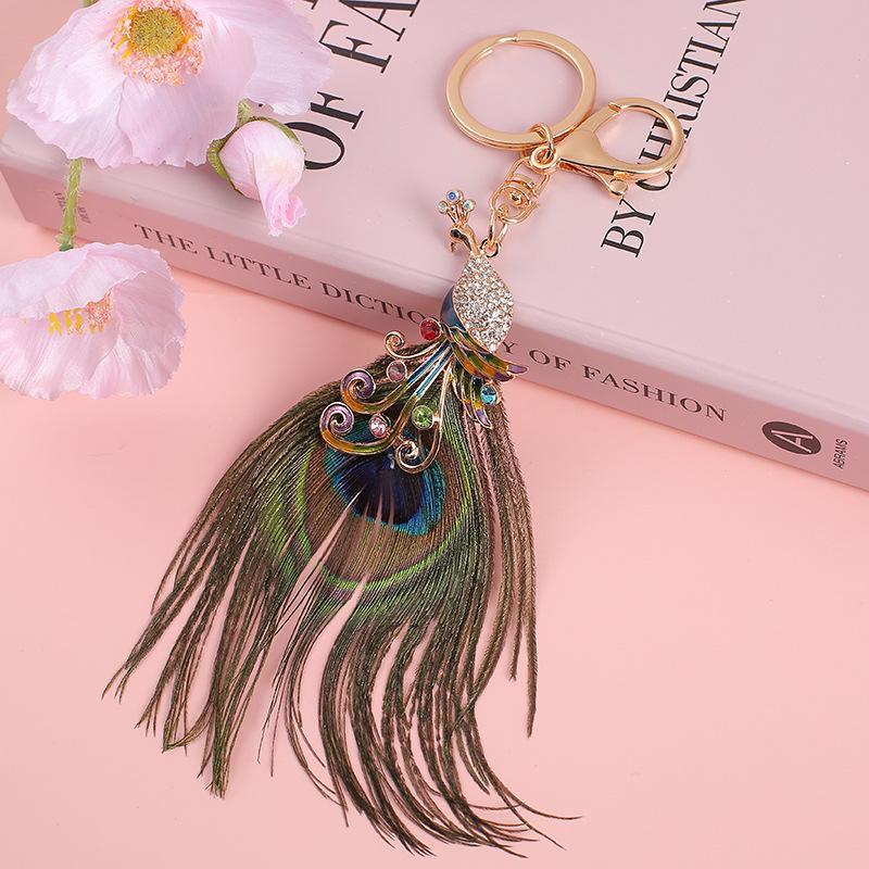 Shiny Rhinestone Peacock Feather Keychain Anti-rust Clasp Fashion Bag Pendant Portable Car Key Decor for Girls