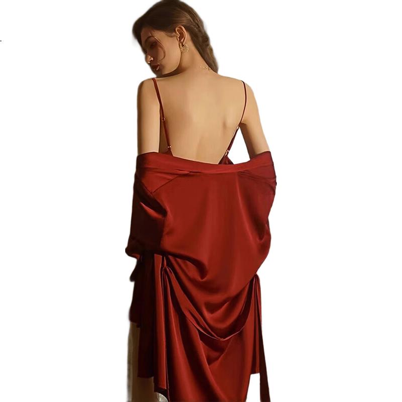XUEXIMAN Morning Gown, Bride Sleepwear, Women's Sexy Ice Silk Spaghetti Strap Nightgown, Two-Piece Set, Elegant Wedding Robe, Loungewear