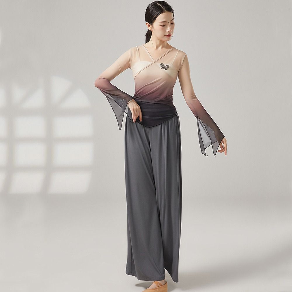 Chinese Hanfu Saree Blouse Gradient Dance Mesh Top Fashion Performance Training Costumes  Women