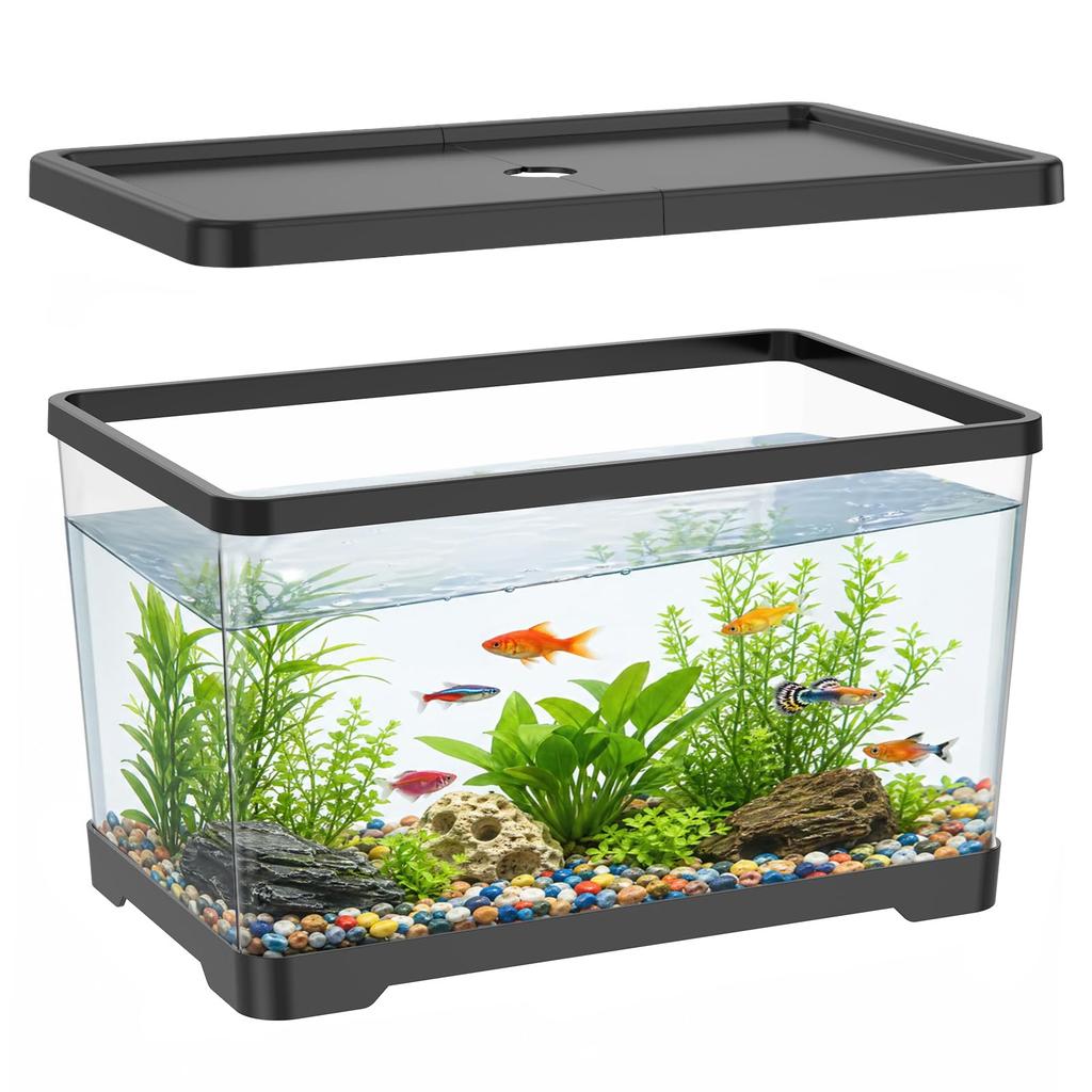2 Gallon Plastic Fish Tank with Drain Hole - 30x19x17cm Shatterproof Small Rectangular Aquarium for Betta Fish & Guppies - Clear Desktop Terrarium
