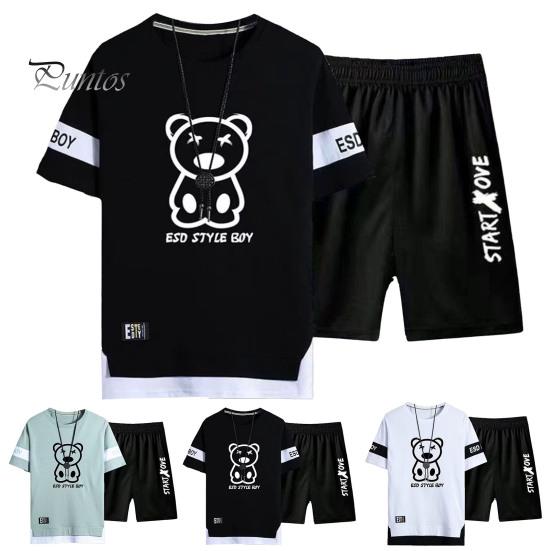 2 шт./компл., мужская спортивная одежда с круглым вырезом и коротким рукавом, футболка с рисунком медведя, эластичная талия, широкие шорты, комплект, свободная спортивная одежда