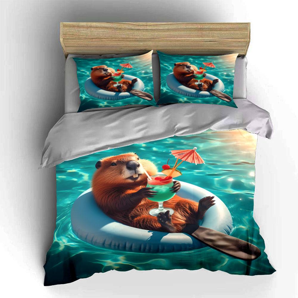 Beaver Relaxing in Pool Bedding Duvet Cover Set (1*Duvet Cover 2*Pillowcases, without duvet insert)