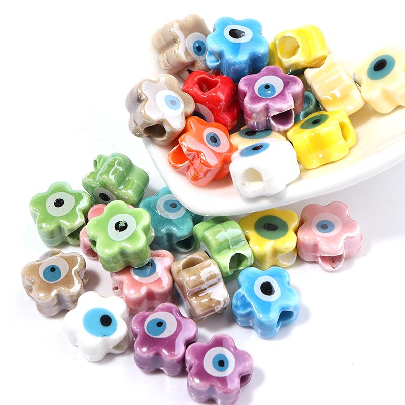 10Pcs/Lot 10mm Ceramic Beads Colorful Flower Shaped Evil Eye Large Hole Loose Beads For Bracelet Necklace Diy Jewelry Making