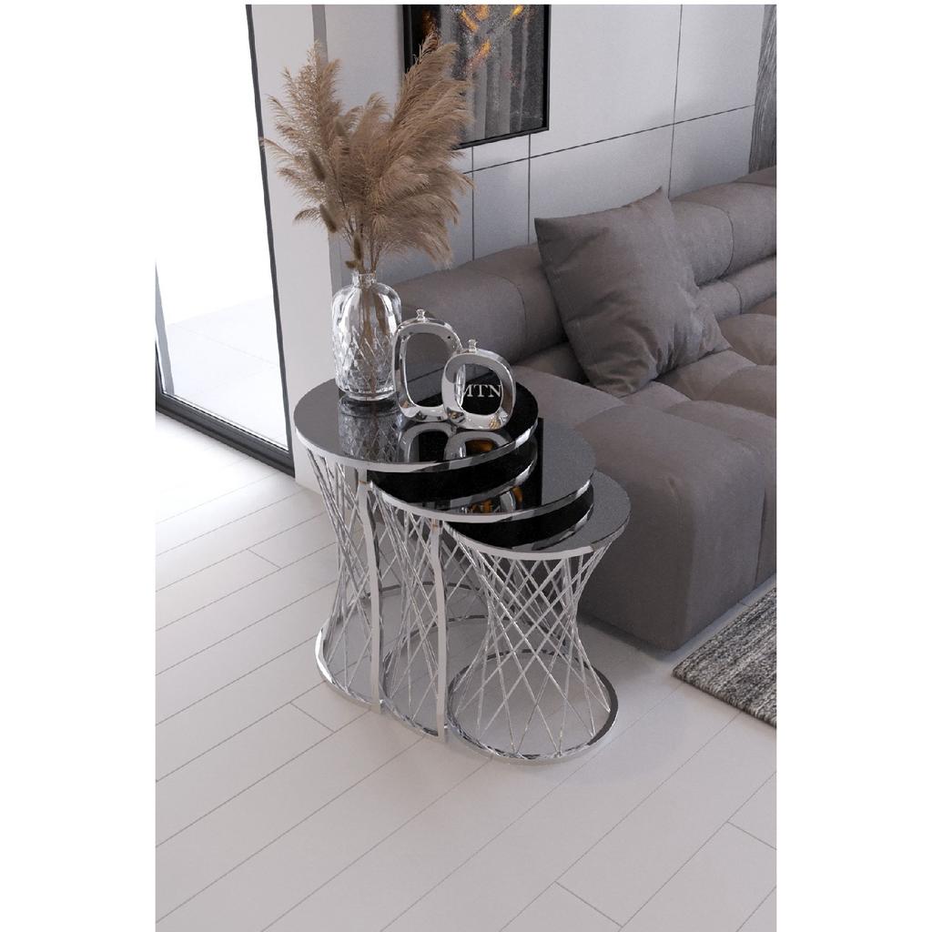 Журнальный столик из плетеной проволоки, серебряная ножка, дымчатое зеркало