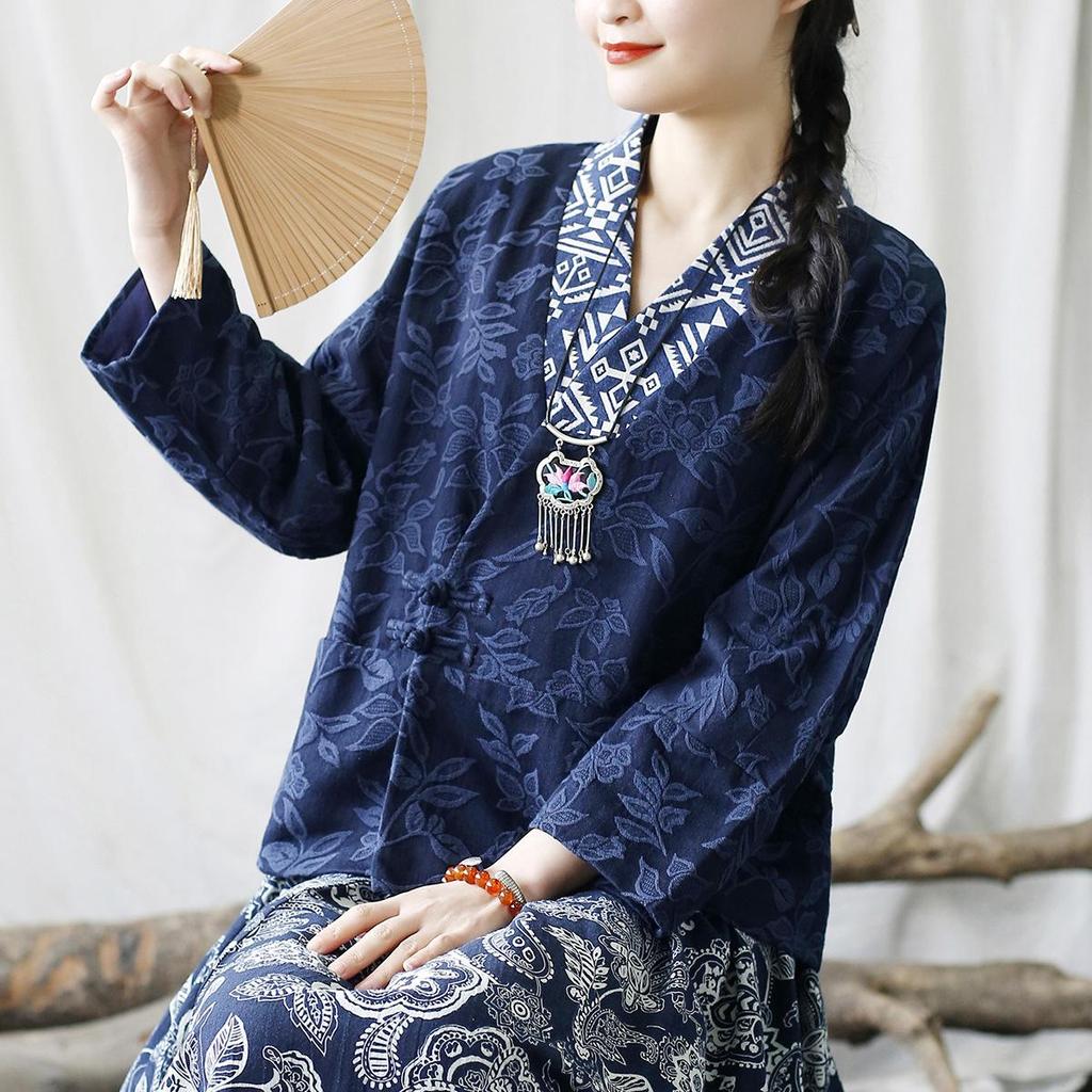 Johnature Women Vintage Jacquard Shirts V-Neck Long Sleeve Navy Blue Autumn Blouses Chinese Style Women Button Shirts