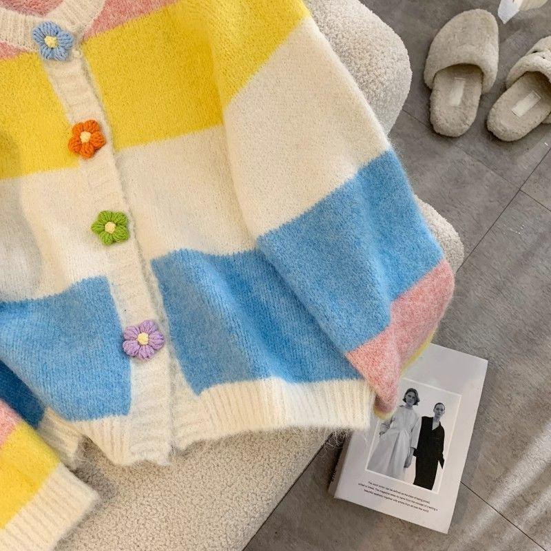 Женский вязаный кардиган с цветочными полосками и пуговицами, свободный женский свитер, осенний однобортный топ с длинными рукавами