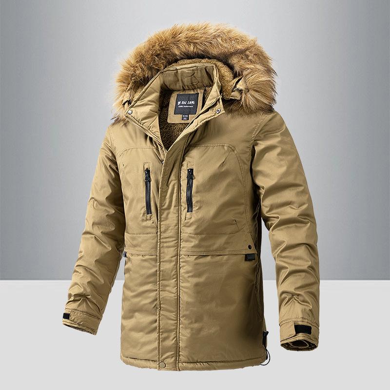 Winter Velvet Pie Overcome Men's Casual Warmth Medium and Long Trench Coat Jacket Hooded Fur Collar Cotton Coat Men