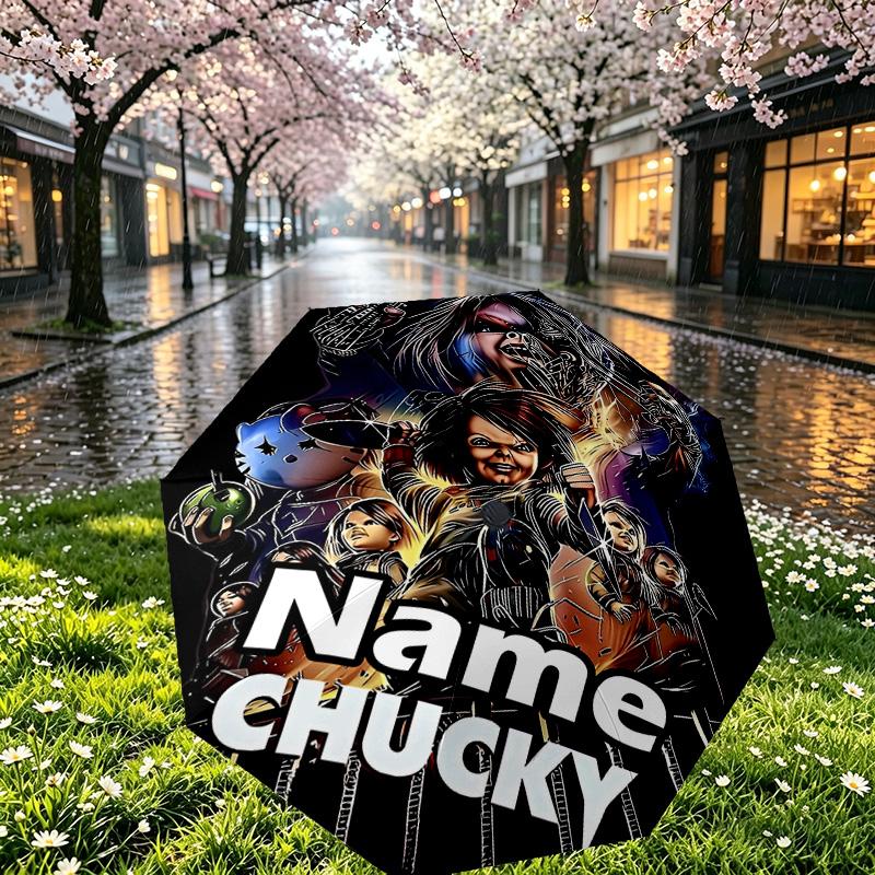 Custom Name Personalized Bride of Chucky Print Umbrella, Auto Open Close, 8‑Rib Sturdy Frame, Commute Camping Hiking Use, Birthday Gift