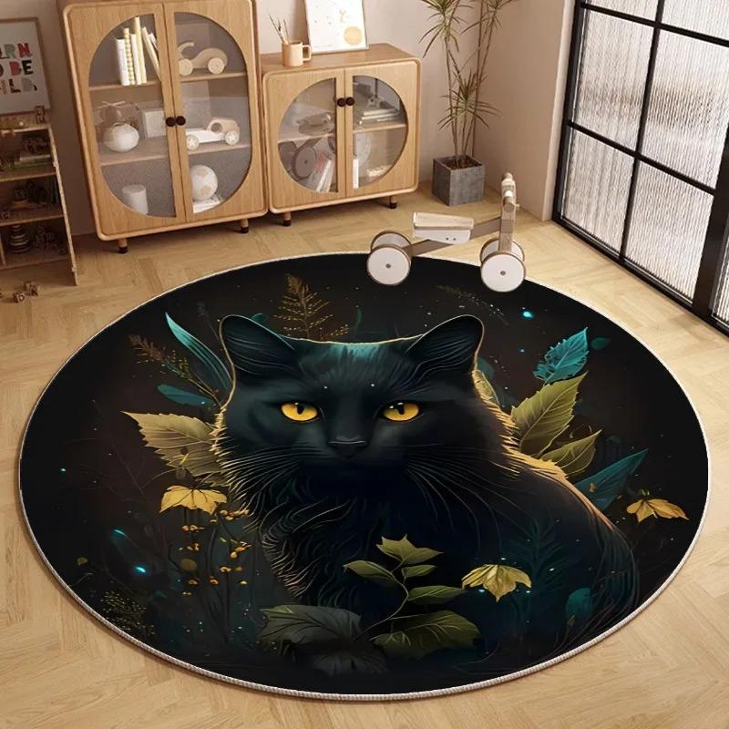 Moon Cat Round Rug Fantasy Floral Space Pattern Carpet Living Room Bedroom Kids Room Decorative Floor Mat