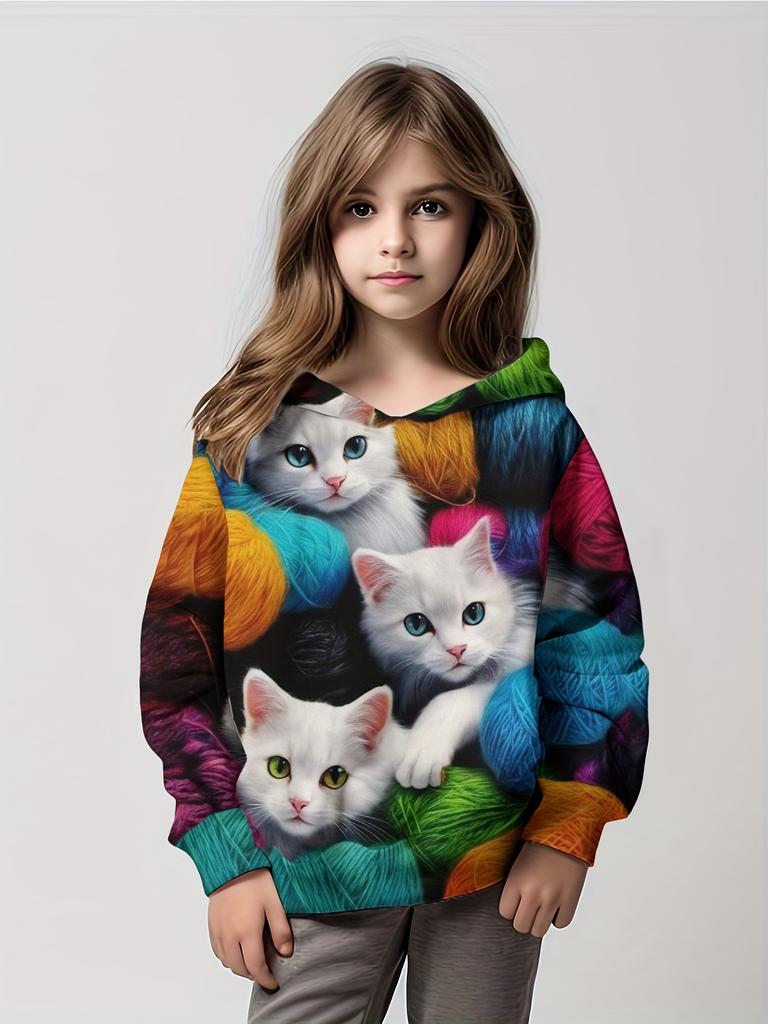 Толстовка с капюшоном для девочек с рисунком кота из мультфильма, детская одежда для девочек от 1 до 12 лет, удобная толстовка с длинным рукавом, детская одежда