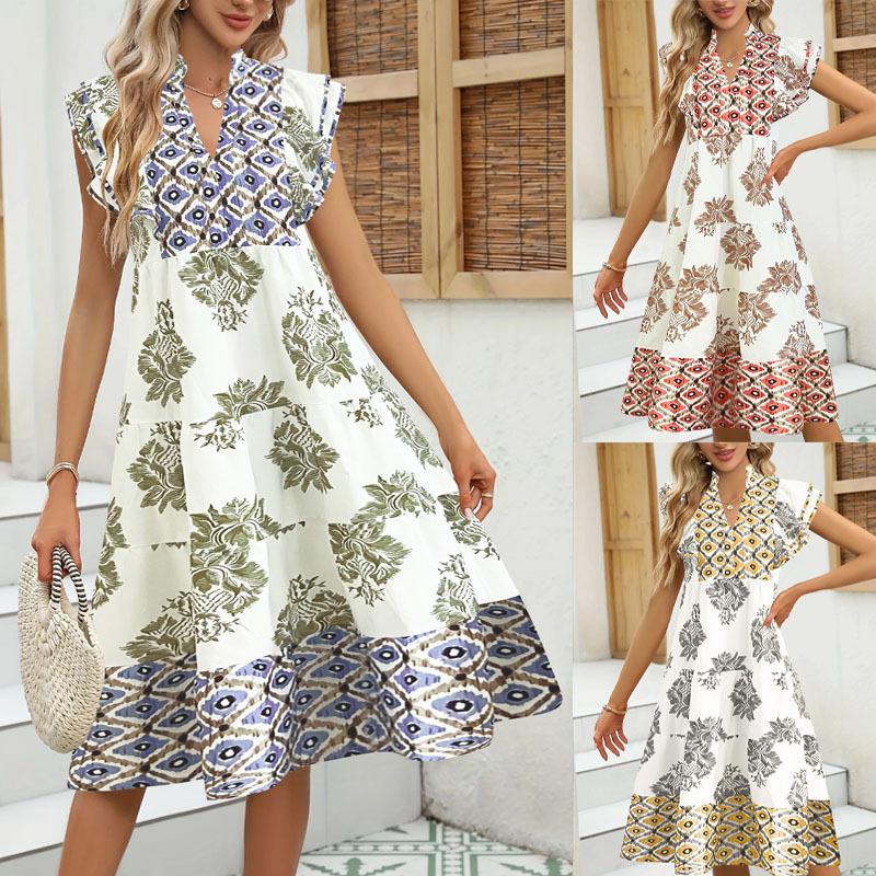 Women's Summer Flying Sleeves V-neck Dress Floral Print Stand Collar Midi Dress