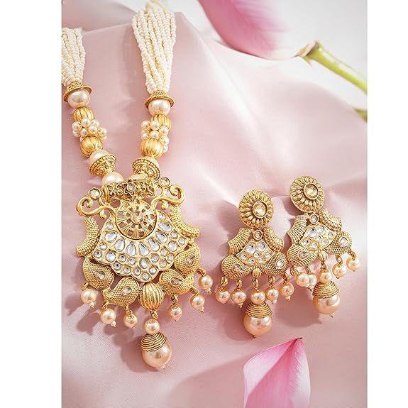 Gold-Plated Handcrafted Artificial Traditional Jewelry Set-Ruby/Kundan Stones & Pearl Beaded Multistrand with Matching Earrings For Women and Girls