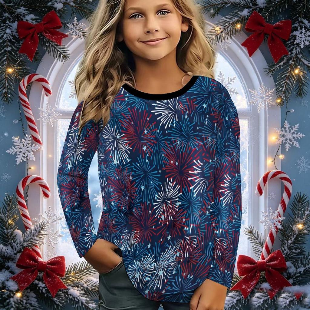 Kids Crew Neck Long Sleeve T‑Shirt, Christmas Playful 3D Print Casual Loose Halloween Party Daily Wear Tops for Children