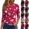 Women's Fashion Casual Seven Sleeve Valentine's Day Printed Round Neck Top